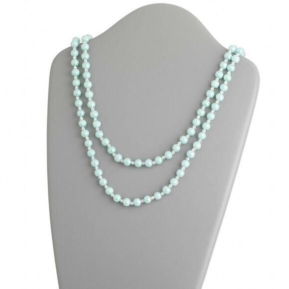 Retro Aquamarine Blue Glass Pearl Opera Length Necklace - Picture 1 of 1